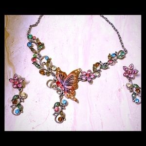 Rhinestone butterfly necklace & matching earrings